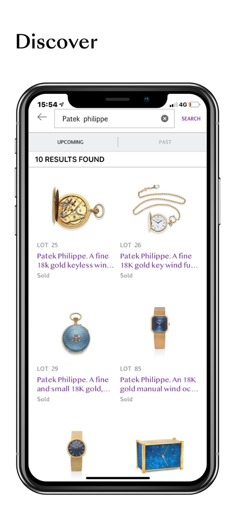 Bonhams - Bonhams app interface showing search results for Patek Philippe luxury watches in an auction catalog