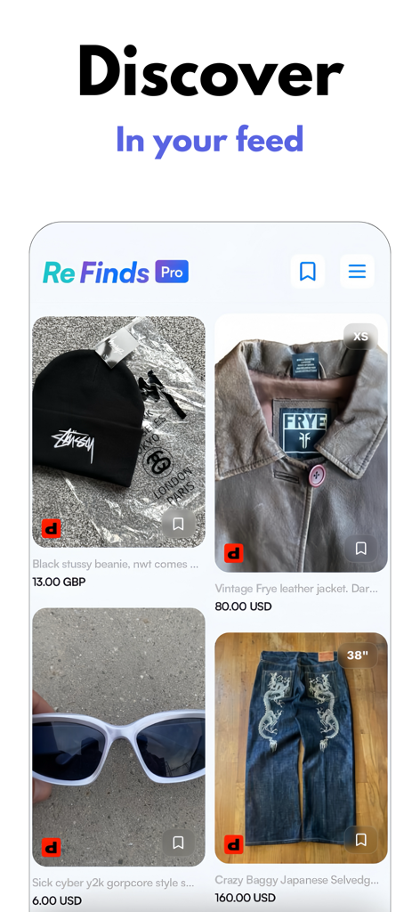 Personalized clothing discovery feed in the Refind app showing secondhand fashion listings.