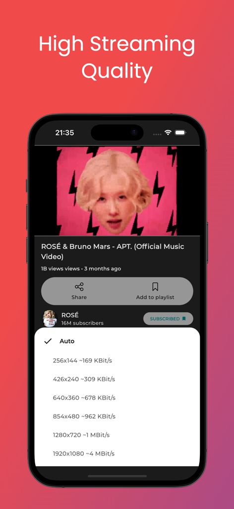 Un smartphone mostrando la interfaz de la aplicación LiteTube con un menú de selección de calidad de video y texto de alta calidad de transmisión.
