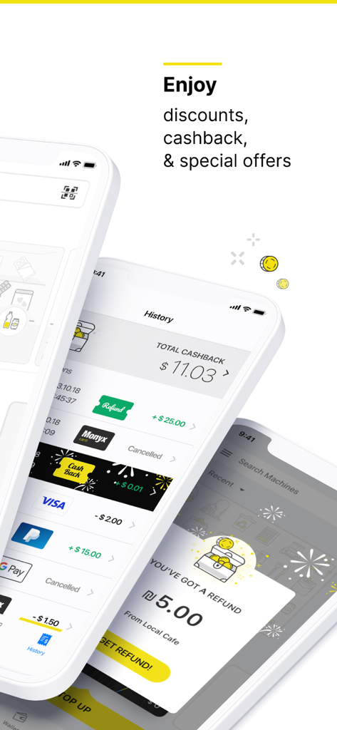 Monyx Wallet - Monyx Wallet App-Bildschirme, die die Transaktionshistorie, den gesamten Cashback und Sonderangebote anzeigen