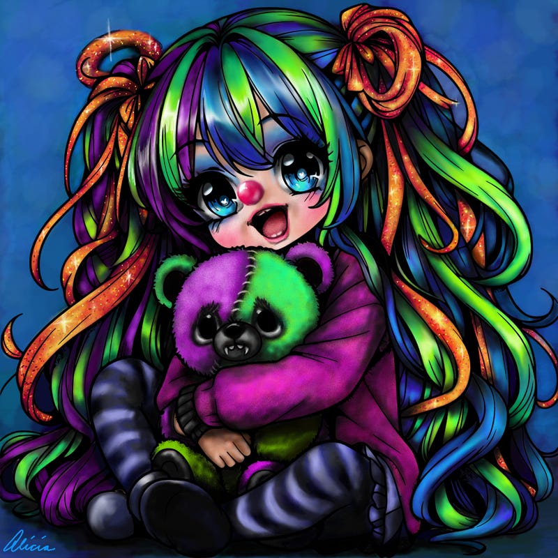 manga girl, long curly hair, happy, cuddling a teddy bear