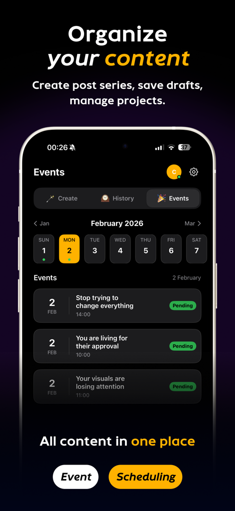 Carousel Collage AI: Carousai° - Schermata dell'app Carousai che mostra un calendario editoriale e post programmati per la gestione dei social media