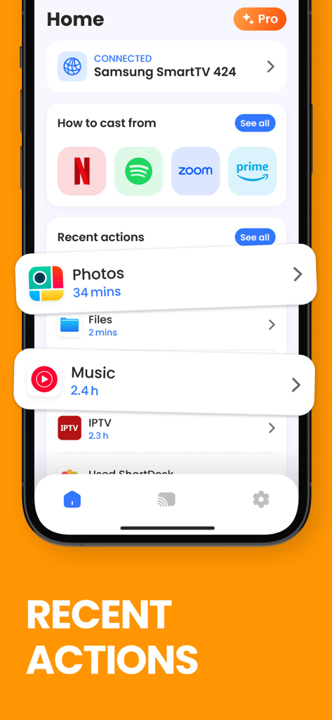 Screen Mirroring &‎ TV Cast - Pantalla de inicio de una aplicación de duplicación de pantalla que muestra el historial de transmisiones recientes y el Smart TV conectado.