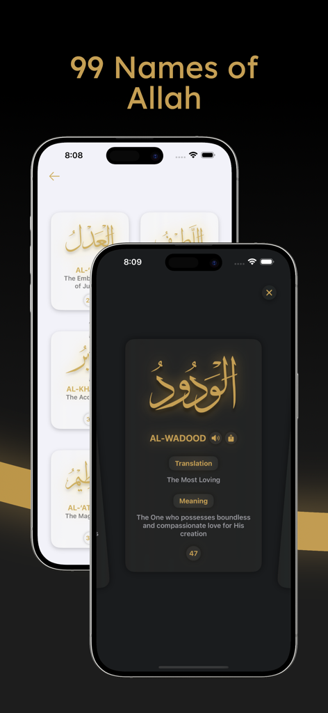 Aplicativo Ihsan exibindo os 99 nomes de Allah com o significado de Al Wadood em um fundo escuro