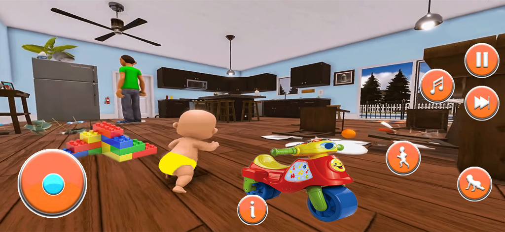 Where is Your Daddy: Boss Baby - Un bebé travieso gateando en una cocina desordenada cerca de un patinete de juguete en el juego Where is Your Daddy Boss Baby.
