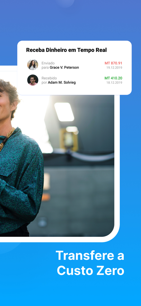 Pantalla de la aplicación VOLET que muestra notificaciones de pago en tiempo real y transferencias gratuitas en portugués