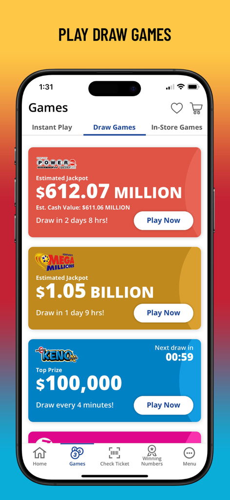 Kentucky Lottery Official App - Kentucky Lottery app interface showing Draw Games with Powerball and Mega Millions jackpots