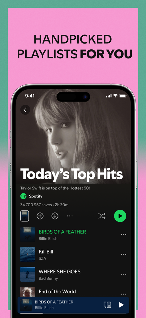 Spotify mobile app displaying the Today’s Top Hits playlist with Taylor Swift and Billie Eilish