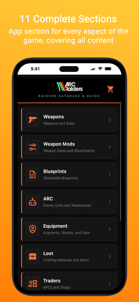 ARC Intel: A Raiders Database - ARC Intel app main menu showing game sections for Weapons Mods and Blueprints