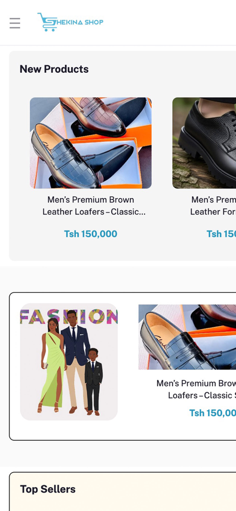 ShekinaShop - ShekinaShop 모바일 앱 인터페이스에 신제품과 패션 카테고리가 표시됩니다