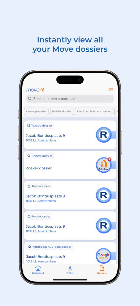 Move.nl-App, die eine Übersicht über Dossiers von Immobilientransaktionen anzeigt