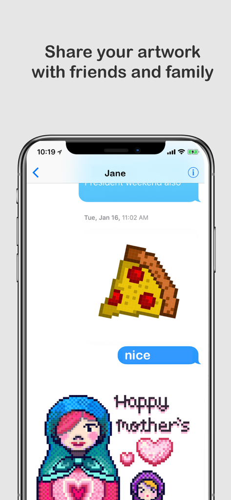 Pixel Color - Color by Number - Écran de smartphone montrant une pizza pixelisée et une poupée russe partagées dans un message texte.