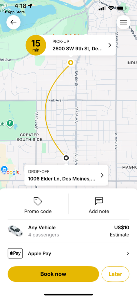Yellow Cab Co - Yellow Cab Co mobile app screen showing a taxi booking with fare estimate and map route in Des Moines Iowa