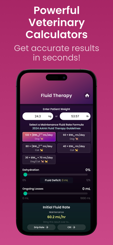 Vetpocket - Vet Calc & Drugs - Interface of the Vetpocket app showing a fluid therapy calculator with patient weight input and AAHA fluid rate formulas for dogs and cats.