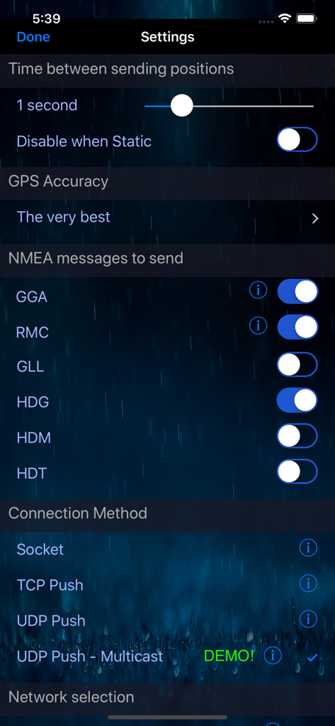 GPS 2 IP - Settings screen of the GPS 2 IP app showing NMEA message selection and connection method configurations