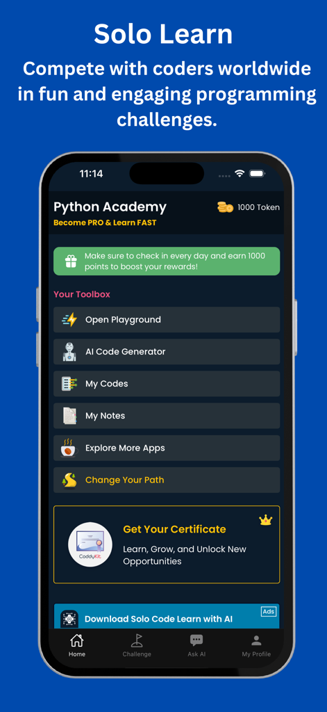 CoddyKit: Learn Coding with AI - Dashboard of the CoddyKit app showing Python Academy courses and coding tools