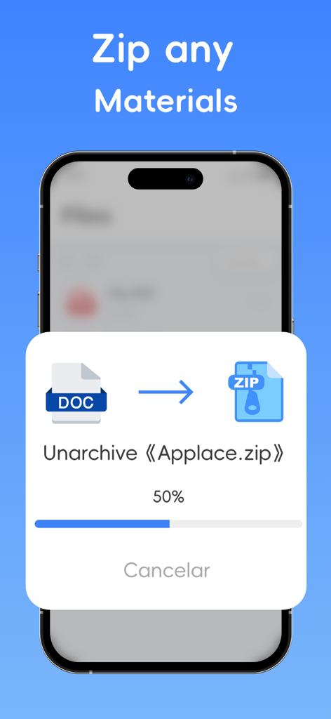 Interfaccia dell'app iPhone che mostra il progresso dello scompattamento di un file ZIP