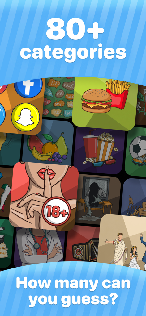 Headbands: Charades Party Game - A collection of colorful game category icons for the Headbands charades party game including food social media and movies