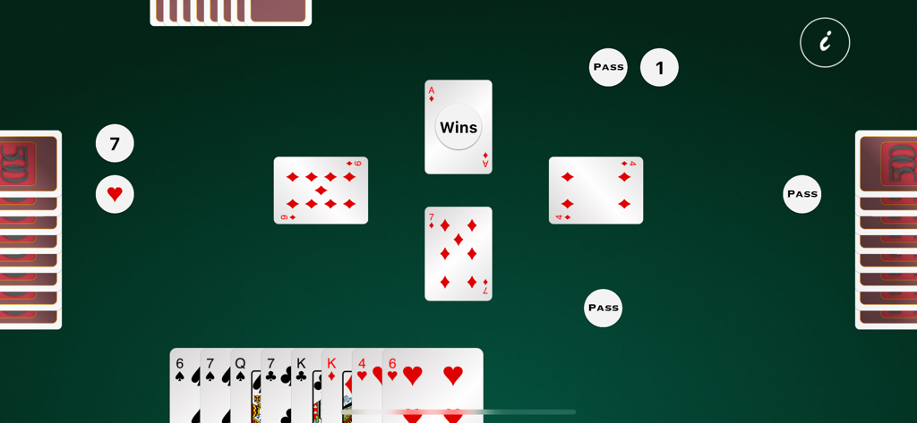 Extreme 500 - Screenshot in-game del gioco di carte Extreme 500 che mostra un'interfaccia minimalista con carte giocate su un tavolo digitale verde.