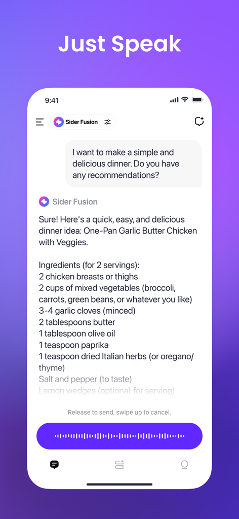 Interfaz de la aplicación móvil de IA de Sider que muestra la función de entrada de voz con un historial de chat sobre una recomendación de receta para cenar.