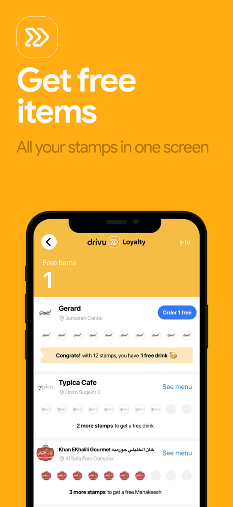 Drivu - your drive thru orders - Écran de fidélité de l'application mobile Drivu montrant des tampons numériques et des récompenses de différents cafés.