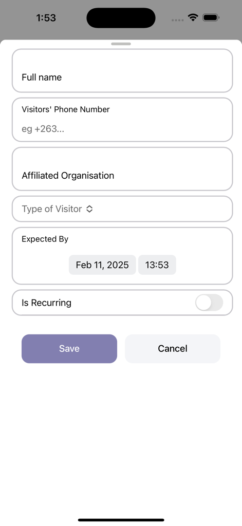 Securiti - Tela móvel mostrando um formulário para registrar detalhes do visitante, incluindo nome, número de telefone e hora de chegada no aplicativo Securiti.