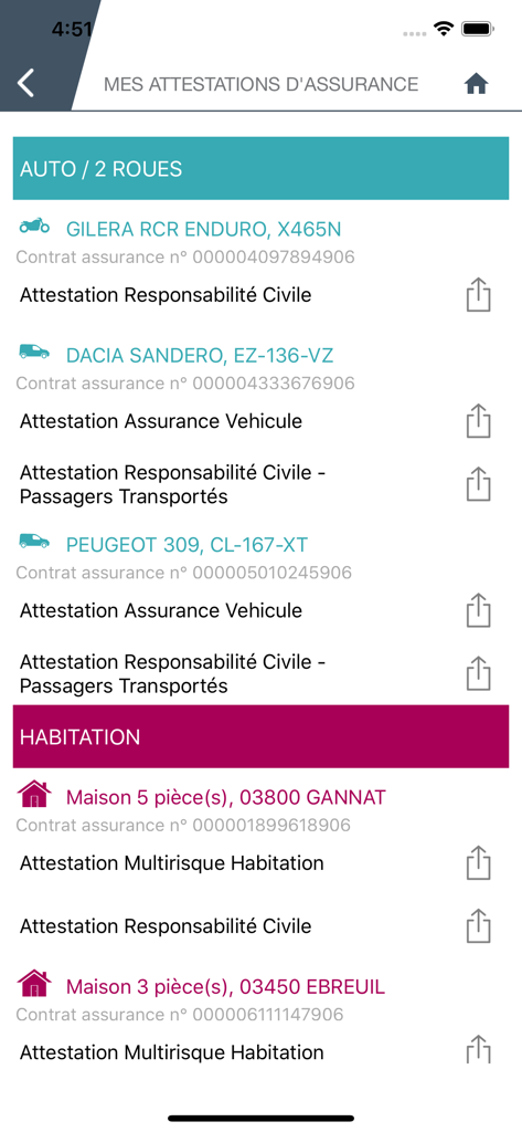 Mes Assurances - Mobile screen displaying a list of car and home insurance certificates within the Mes Assurances app interface.