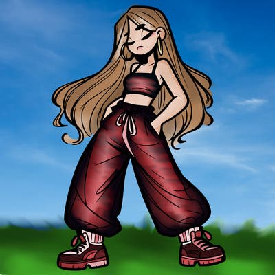girl in baggy pants crop top and long hair