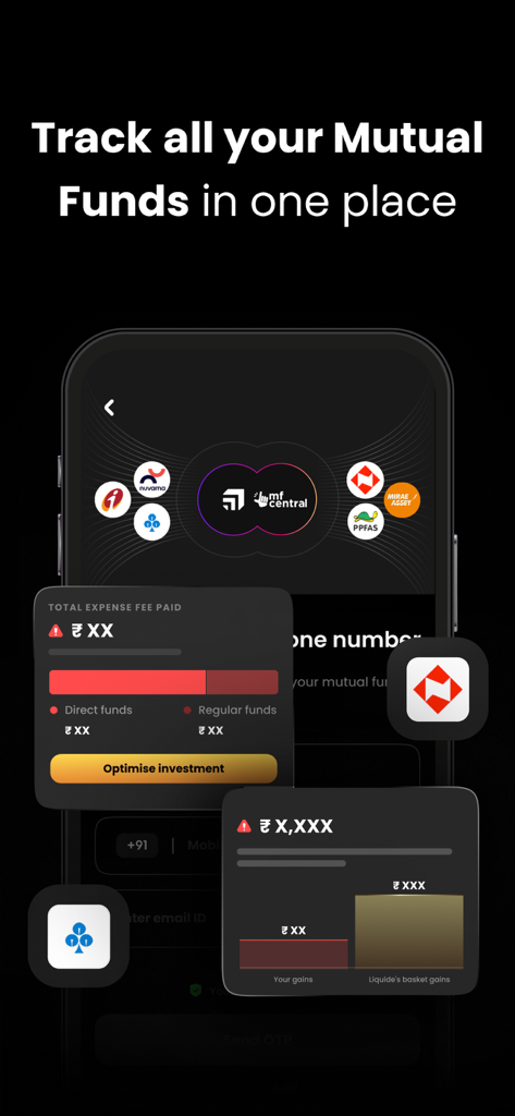 Liquide- Stocks & Mutual Funds - A mobile app screen showing a mutual fund tracking dashboard with expense fee analysis and portfolio optimization tools.