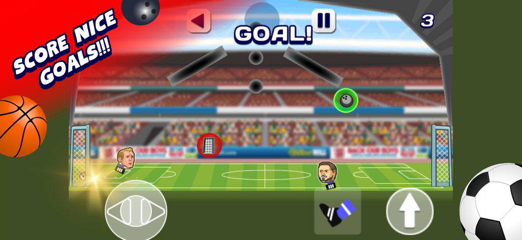 Soccer Heads Football Game - Gameplay of Soccer Heads Football Game showing two big head players on a pitch with a goal scored message and power up icons
