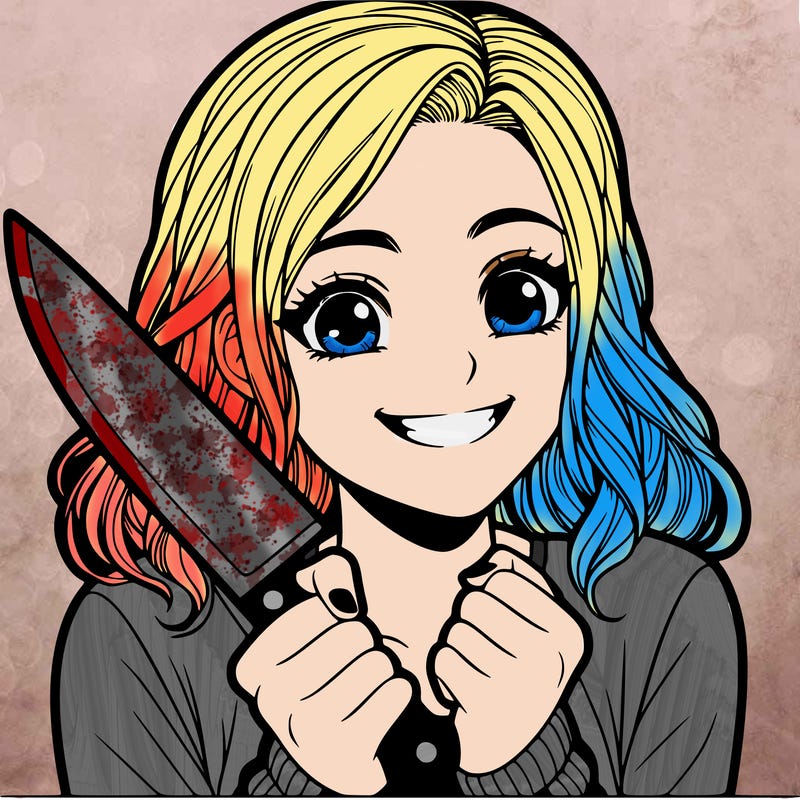 a realistic girl holding a knife and grinning