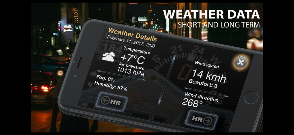 aSmart HUD 3D +SpeedCams - Un smartphone que muestra detalles meteorológicos, incluyendo temperatura, presión y velocidad del viento en la aplicación aSmart HUD 3D.