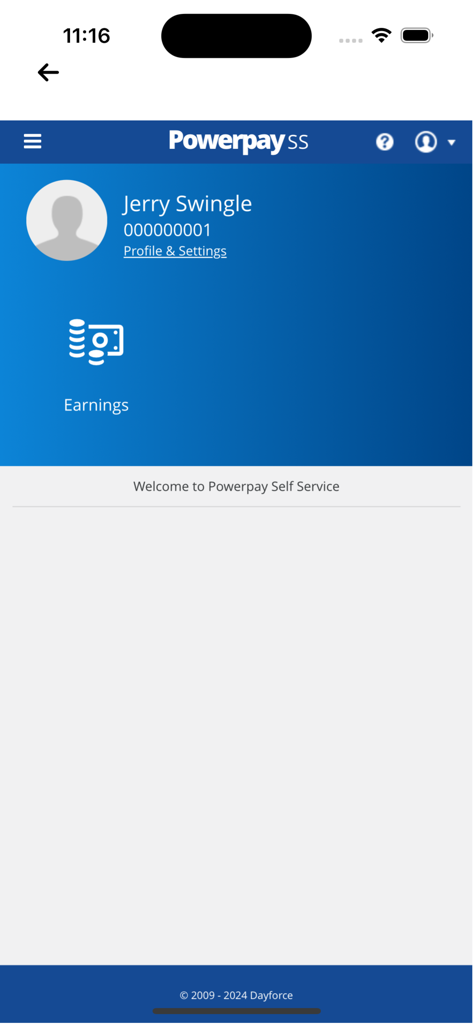 Mobile dashboard of Powerpay Self Service app featuring user profile and earnings section