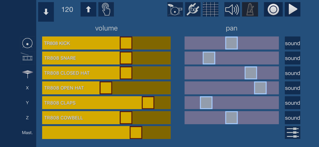 Interface de l'application VoxBeat montrant les commandes de volume et de panoramique pour les sons de batterie TR-808, y compris le kick, la caisse claire et les charlestons.
