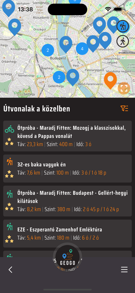 GeoGo - GeoGo app interface displaying a map with trail checkpoints and a list of nearby hiking and cycling routes