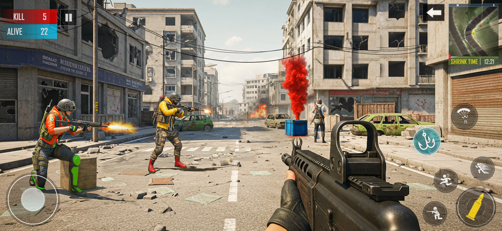 First person shooter view of an urban battle royale combat scene with squad members and a red smoke flare