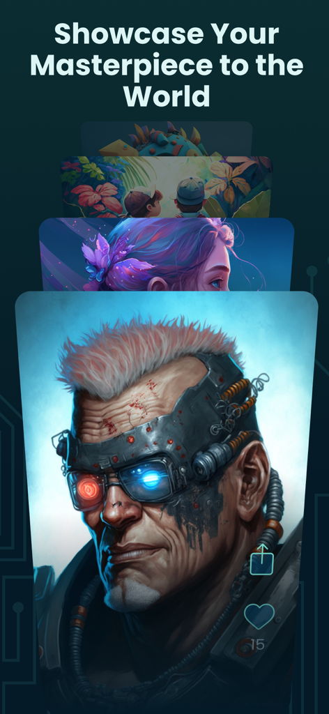 Feed artístico social no aplicativo GenZArt mostrando retratos e arte de personagens gerados por IA com botões de curtir e compartilhar.