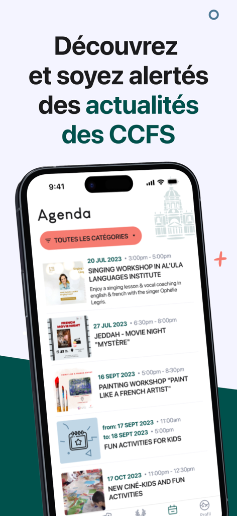 CCFS : apprendre le français - Agenda screen in the CCFS app showing cultural workshops movie nights and events for students