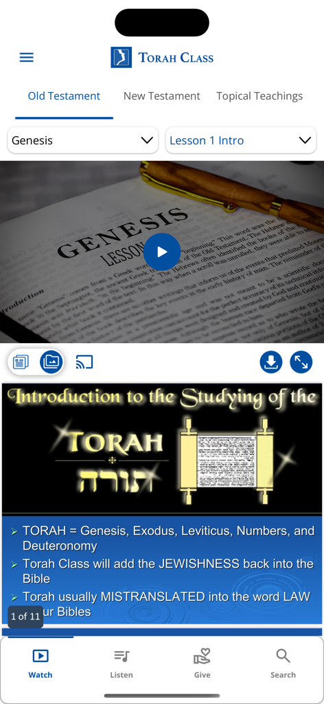 Torah Class - Interface of the Torah Class mobile app displaying a Genesis lesson video and study slides