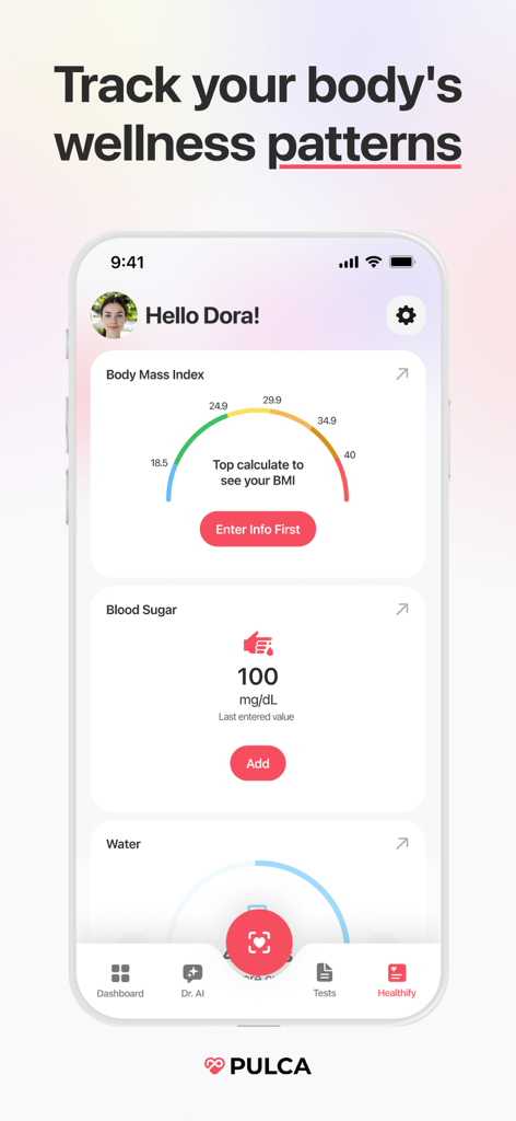 Heart Rate, HRV Tracker: Pulca - Pulca app interface showing wellness tracking dashboard with BMI and blood sugar metrics