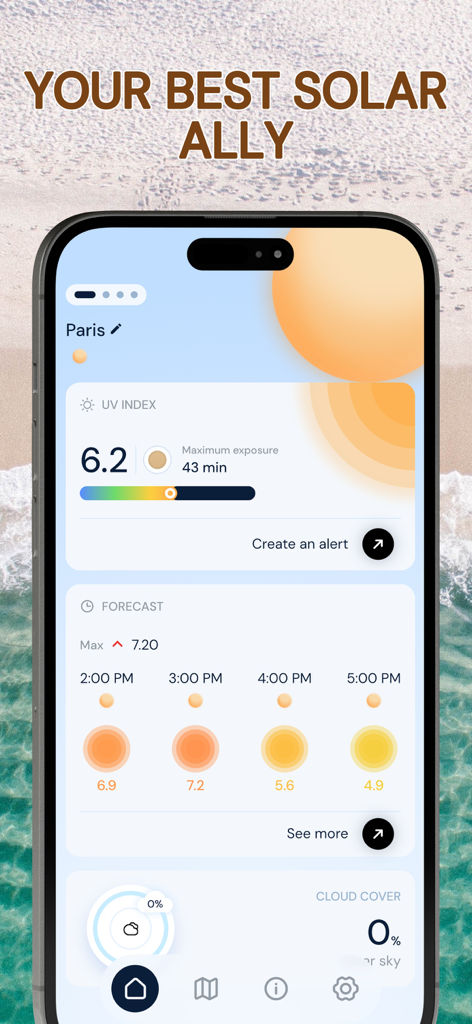 UV Index - Tan Widget - Panel de la aplicación Índice UV que muestra la intensidad solar localizada y el pronóstico de exposición por horas