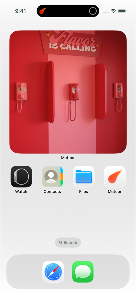 iPhone home screen displaying the Meteor app icon and a large aesthetic photo widget