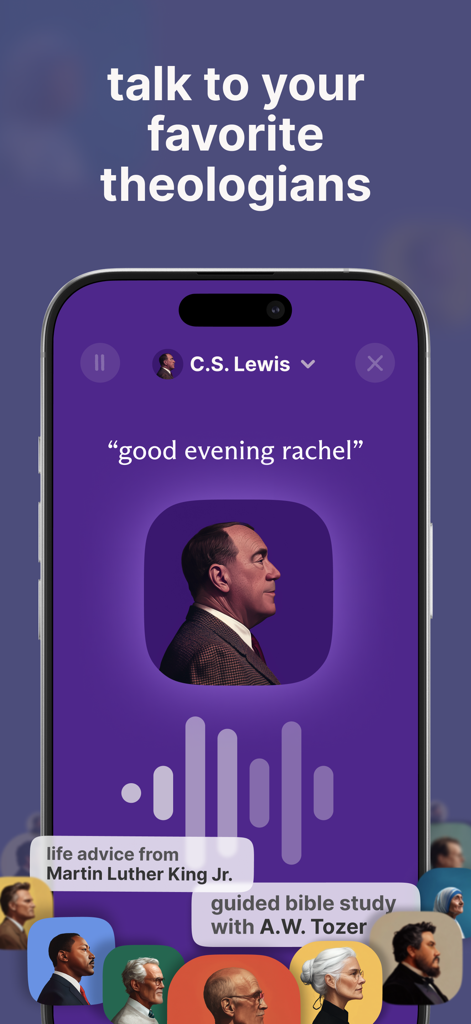 bible.ai - Chat about Anything - Interfaz de la aplicación bible.ai mostrando una función de chat de voz con C.S. Lewis en Modo Teología.