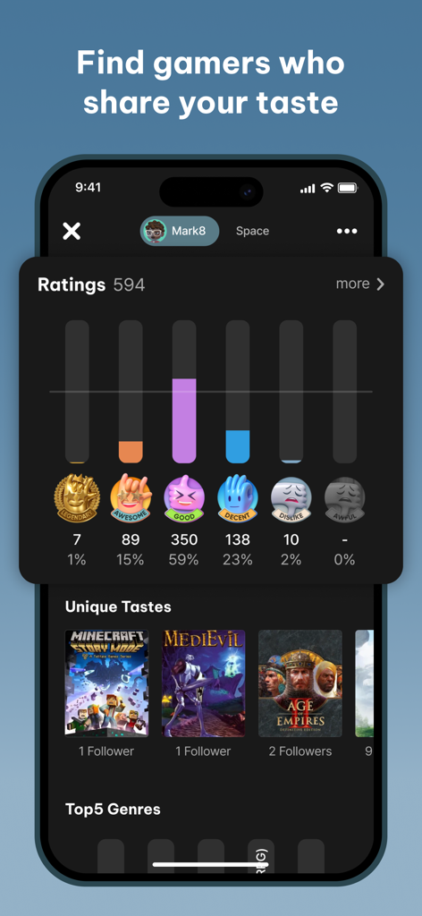 FUZE: Gaming Community - Gamer profile screen showing game ratings and unique tastes in the FUZE app