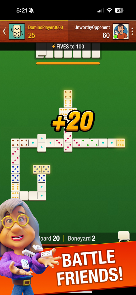 Captura de tela do jogo Domino! mostrando uma partida de Fives com uma pontuação de mais vinte pontos e um avatar de personagem de desenho animado.