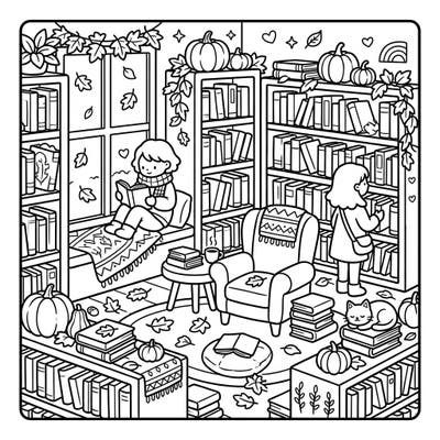 Step into a charming autumn library, specially designed for young colorists. This page captures the cozy feeling of fall, with children enjoying books amidst pumpkins and fallen leaves, perfect for sparking imagination.