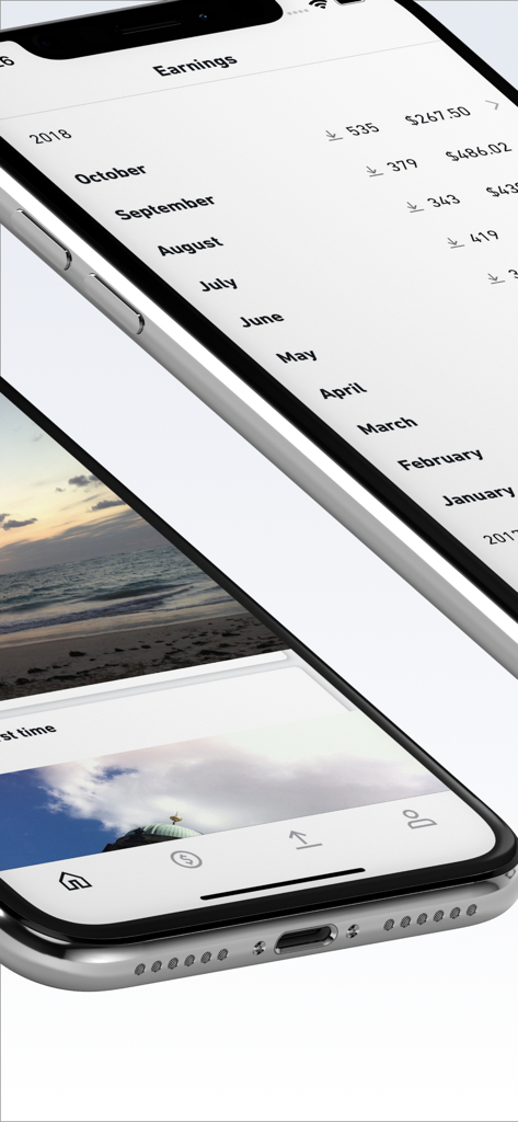 App Shutterstock Contributor che mostra i dati dei guadagni mensili e il portfolio fotografico su un dispositivo mobile.