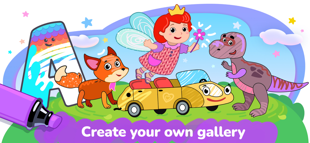 Coloring Book | Kids Games 2+ - Una pantalla vibrante de juego de colorear para niños con un zorro, princesa, hada, dinosaurio y coche con una herramienta de marcador