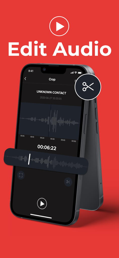 Pantalla del iPhone que muestra las herramientas de edición y recorte de audio en la aplicación VoiceNotes