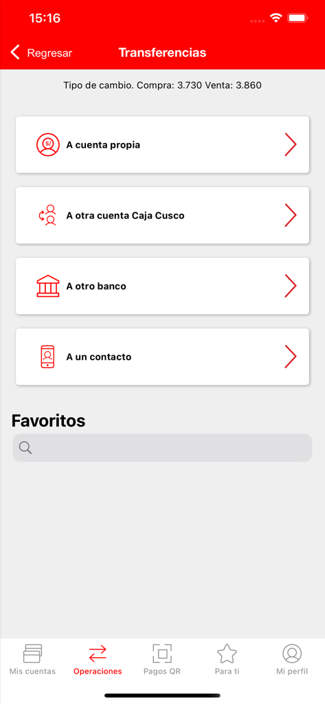 Wayki App - Caja Cusco Móvil - Tela de opções de transferência do Wayki App mostrando menu para contas próprias, outros bancos e contatos